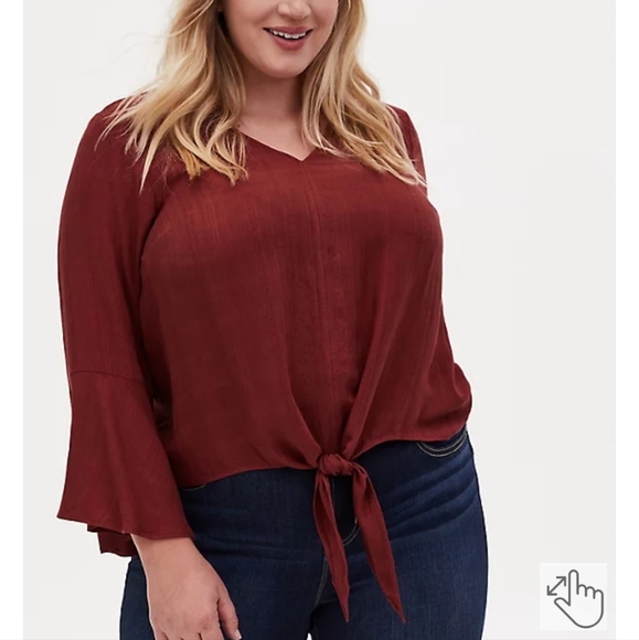 torrid Tops - TORRID Brick Red Textured Tie Front Midi Blouse